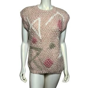 Vintage 80s SML Sport Floral Abstract Pink White Sleeveless Sweater Vest Size L